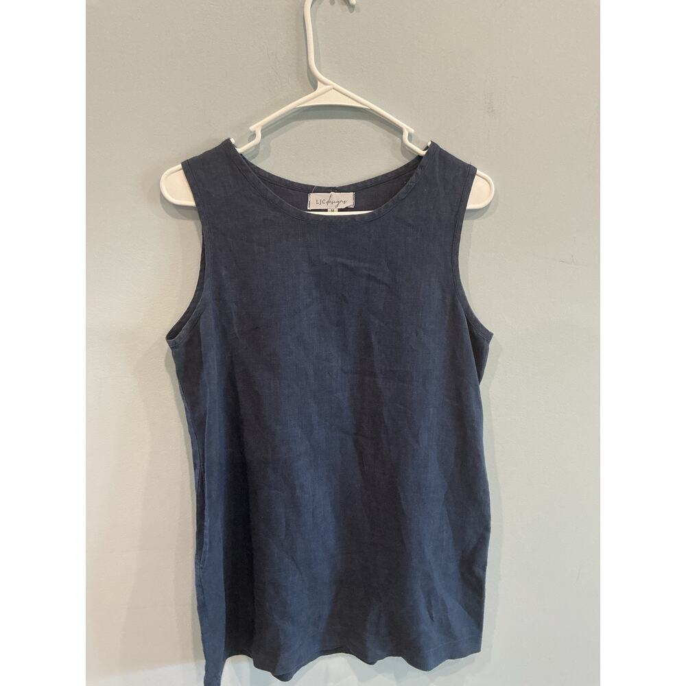 LJC Womens Linen Shift Dress Size M Navy Blue Boho Beach Coastal Lagenlook Lagom